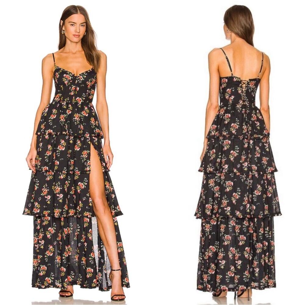 V. CHAPMAN Caterina Dainty Floral Tiered Ruffle Black Maxi Dress Size 00